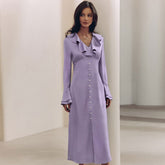 French Imitation Acetate Satin V neck Flared Sleeves High Waist Ruffles Dress Autumn